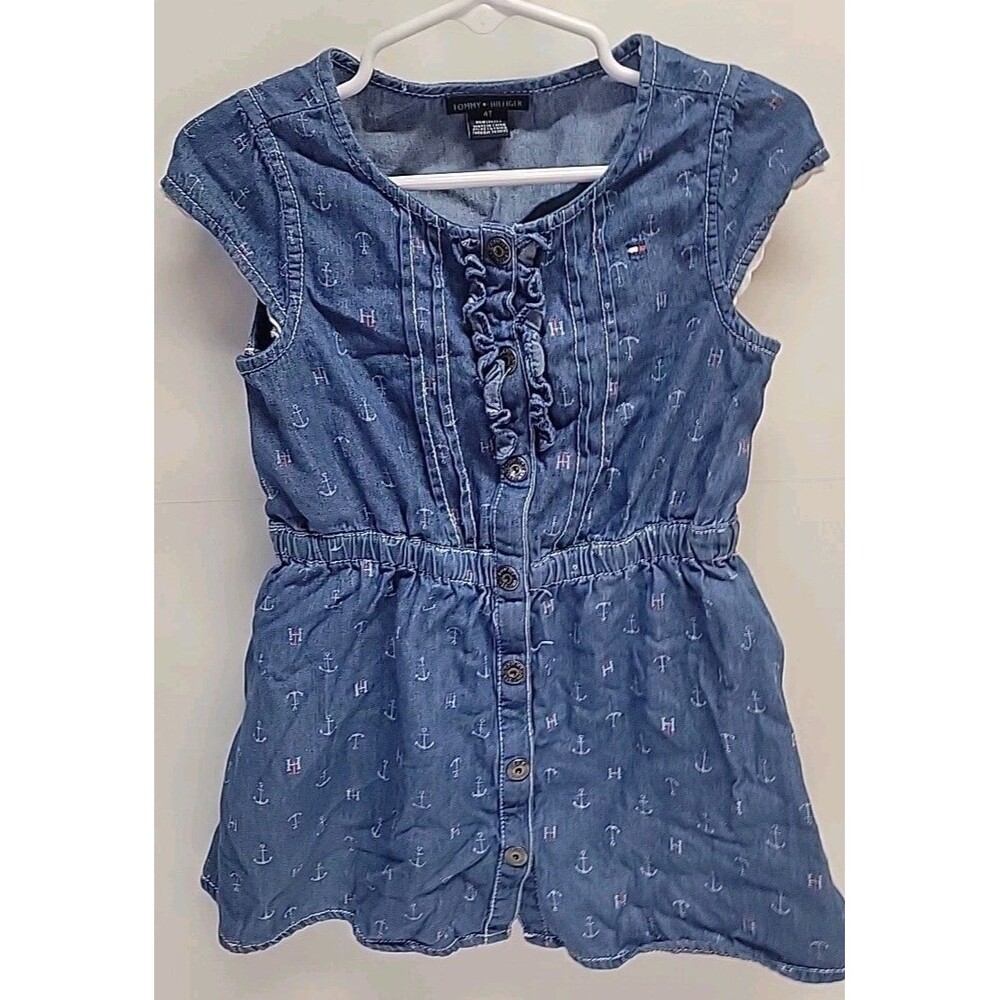 Vtg TOMMY HILFIGER‎ Nautical Anchor blue denim girl Dress Sz 4T Y2K